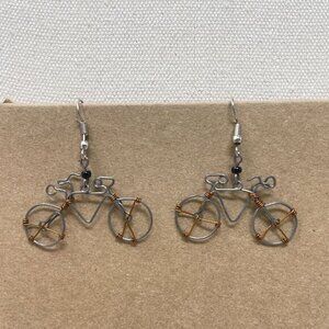 Wire Bicycle Earrings‎ Novelty Dangle Drop Handmade Whimsy Silver-Tone
